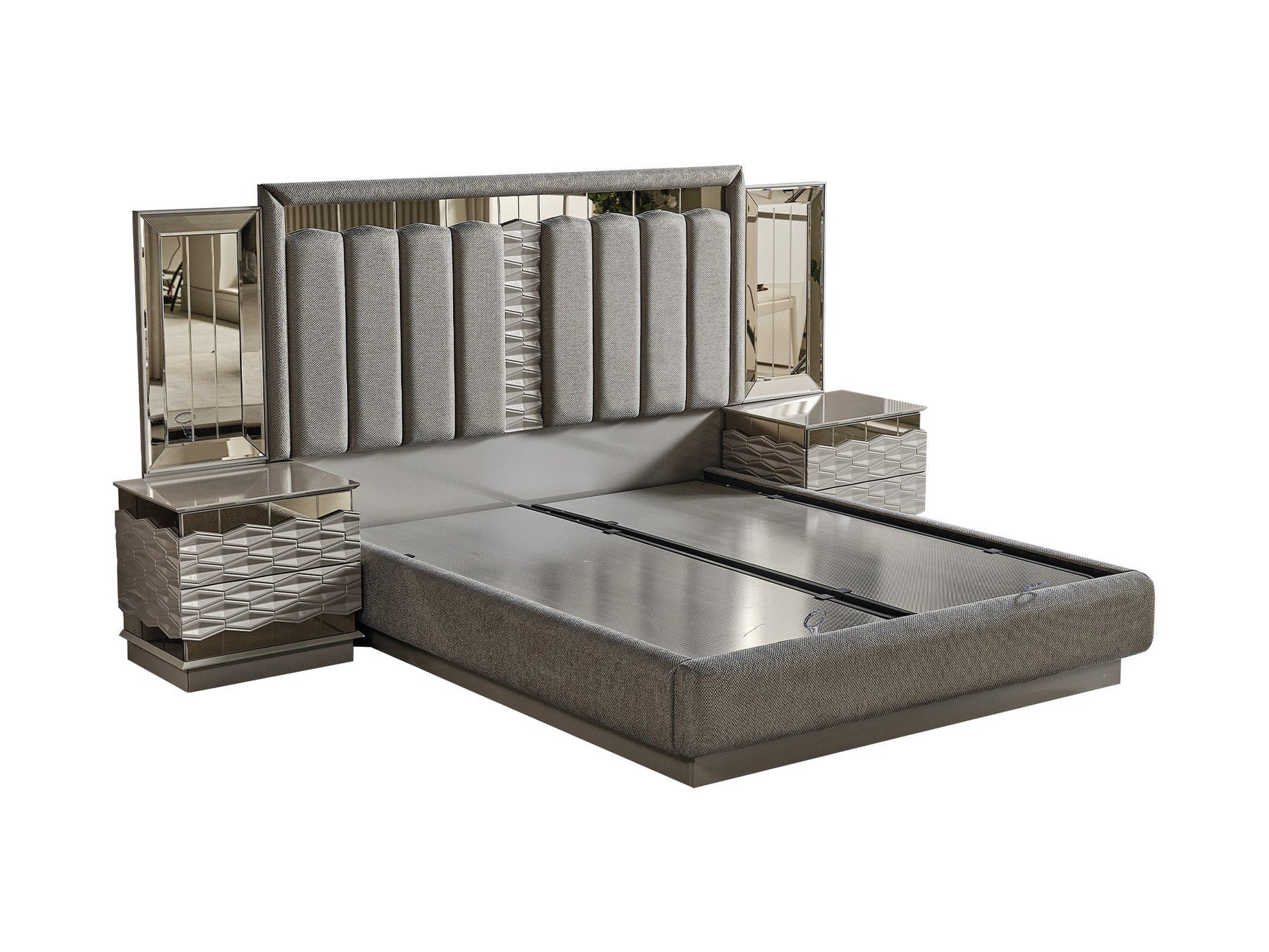 Gokce Light Brown Bedroom Set (Queen Frame With Headboard & Dresser With Mirror & Ottoman & 2 Nightstand)