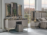 Gokce Light Brown Bedroom Set (Queen Frame With Headboard & Dresser With Mirror & Ottoman & 2 Nightstand)