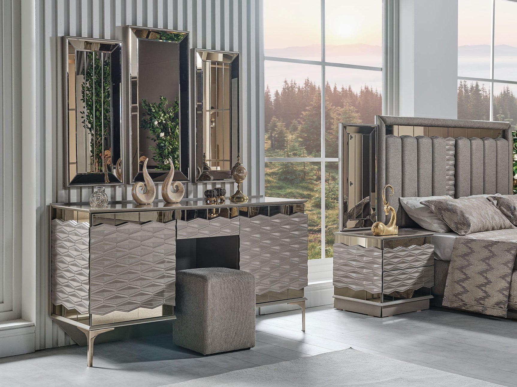 Gokce Light Brown Bedroom Set (Queen Frame With Headboard & Dresser With Mirror & Ottoman & 2 Nightstand)