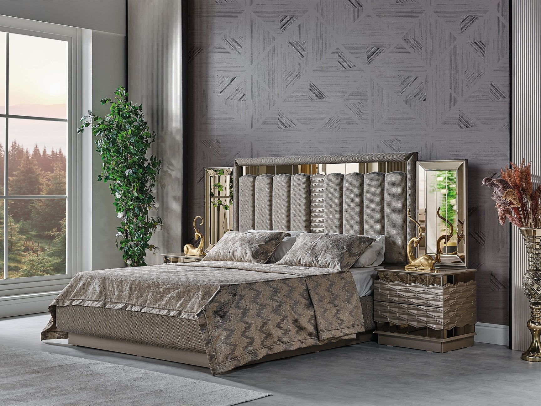 Gokce Light Brown Bedroom Set (Queen Frame With Headboard & Dresser With Mirror & Ottoman & 2 Nightstand)