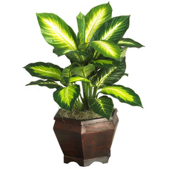 Golden Dieffenbachia w/Wood Vase Silk Plant - Ornate Home