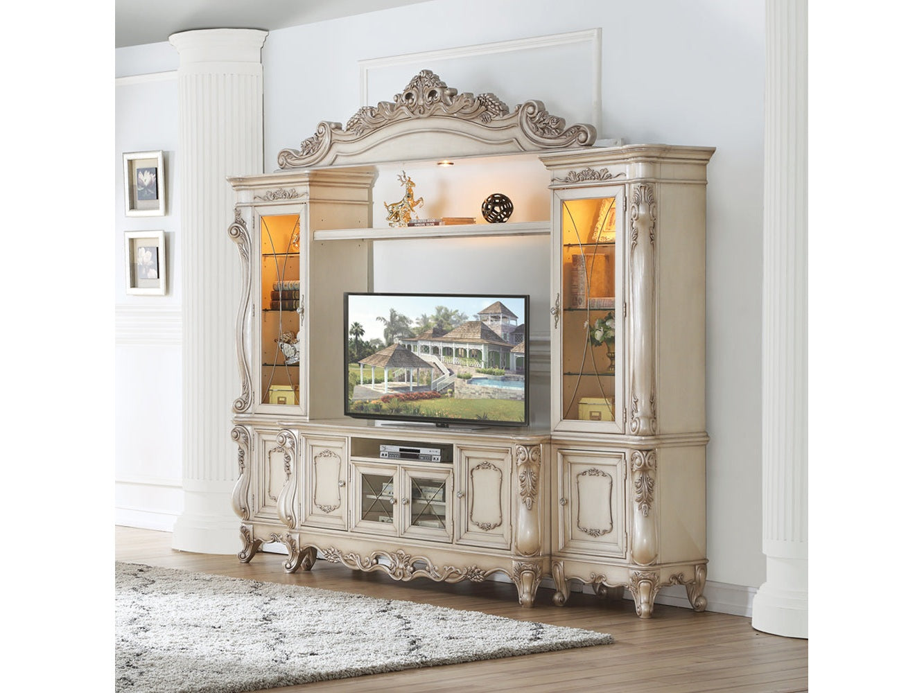 Gorsedd Entertainment Center in Antique White - Ornate Home