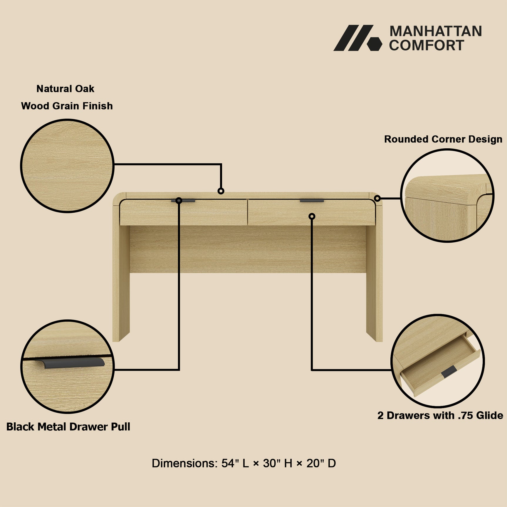 Grace 54" Home Office Desk in Natural Oak and Black - Ornate Home