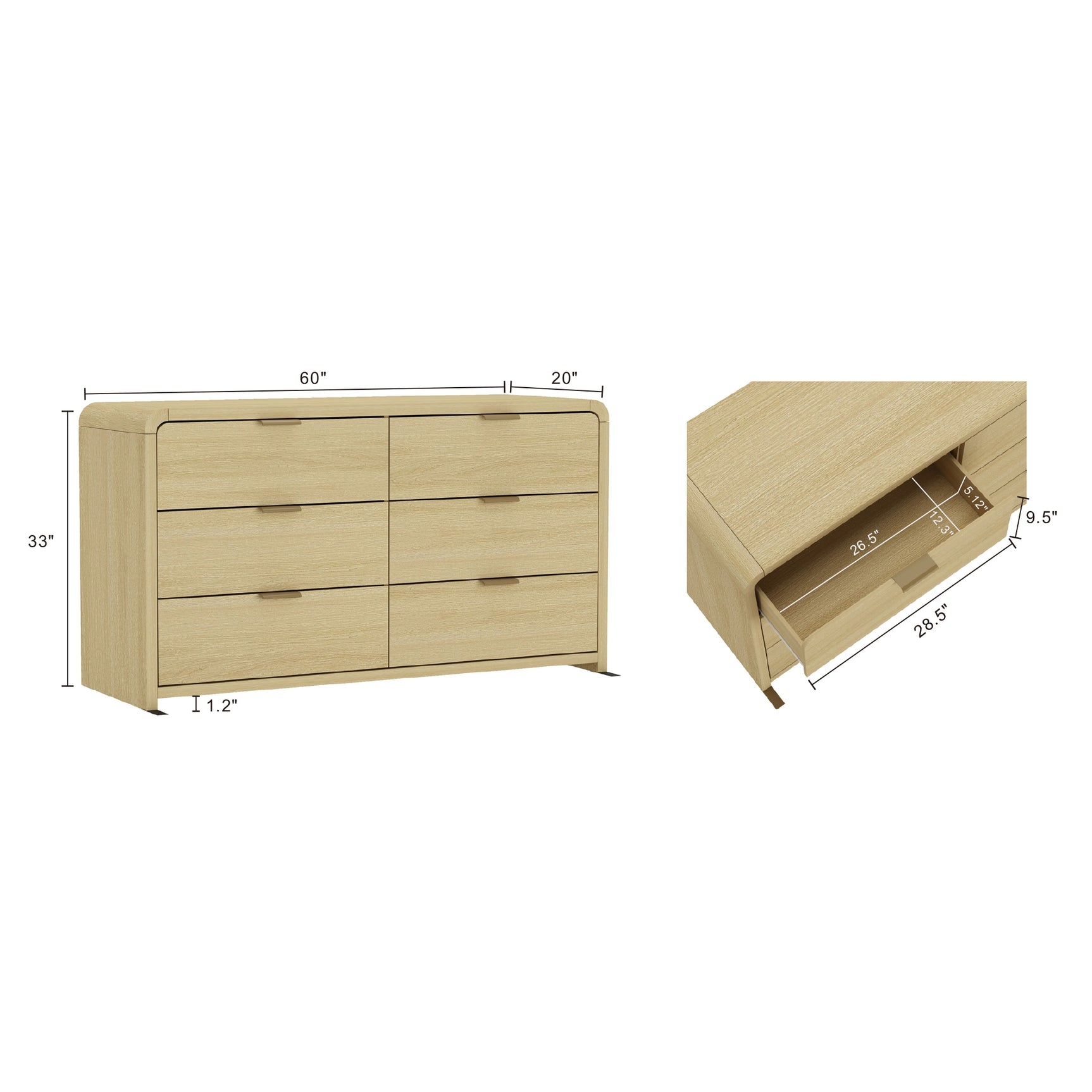 Grace 60" Double Dresser in Natural Oak and Gold - Ornate Home