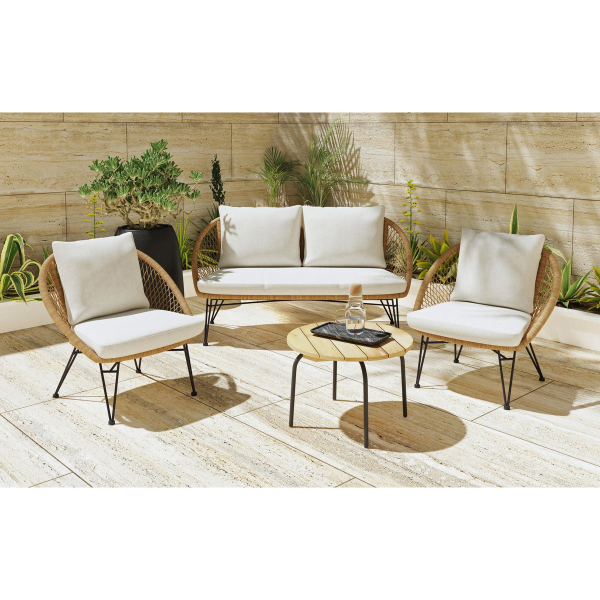 Grace Black/Natural/Olefin Beige Outdoor Seating 4PC Set - Ornate Home