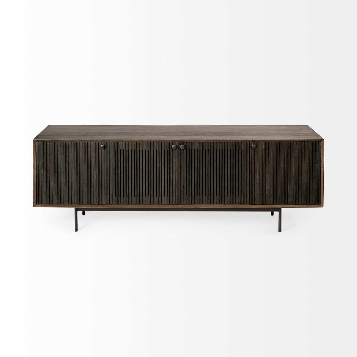 Grace Brown Two-Toned Solid Wood TV Stand Media Console with Slated Doors, TV up to 82" - Ornate Home
