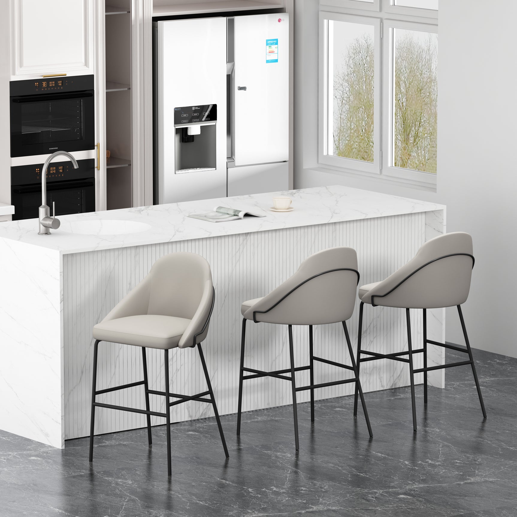 Gracie Barstool in Stone and Black (set of 3) - Ornate Home