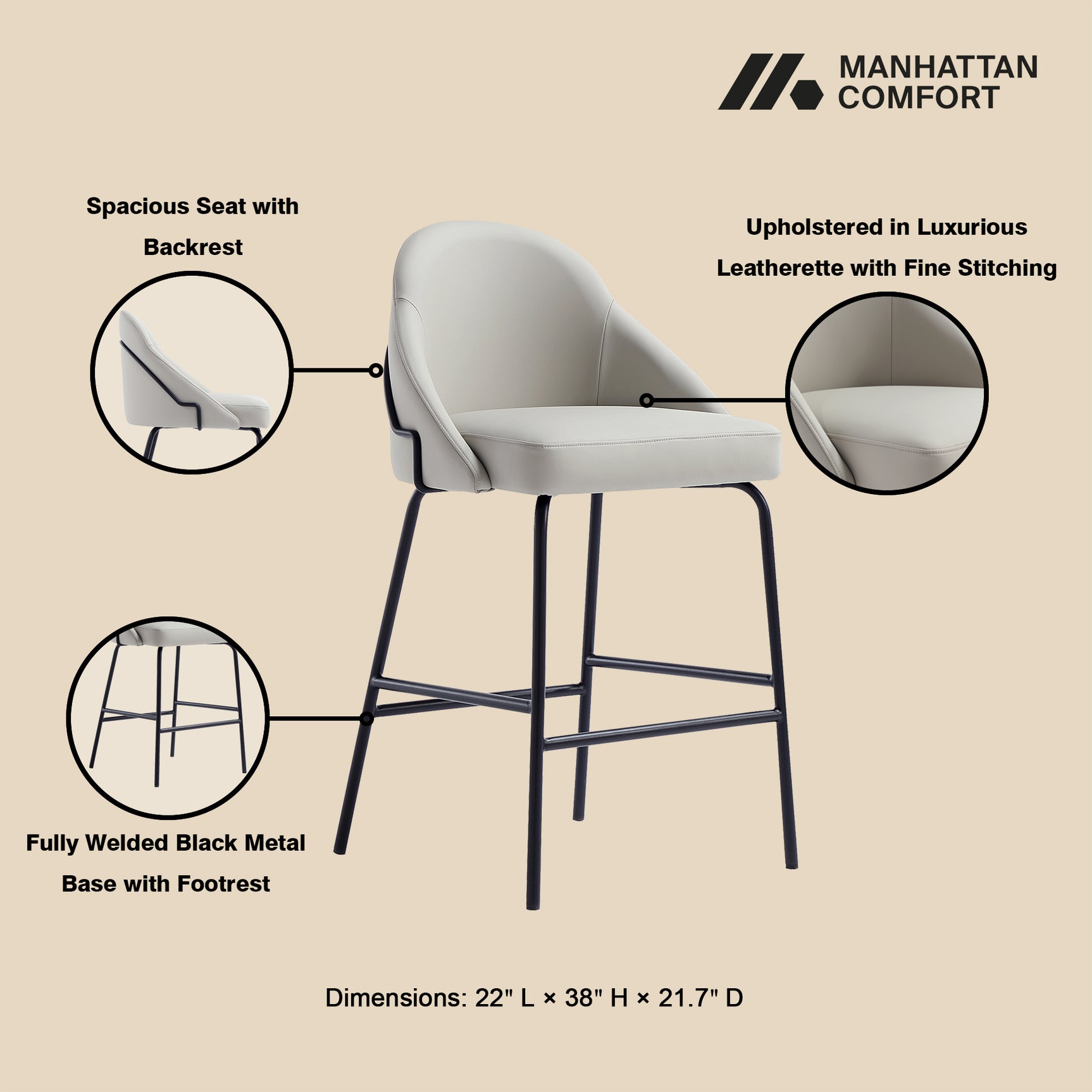 Gracie Counter Stool in Stone and Black - Ornate Home