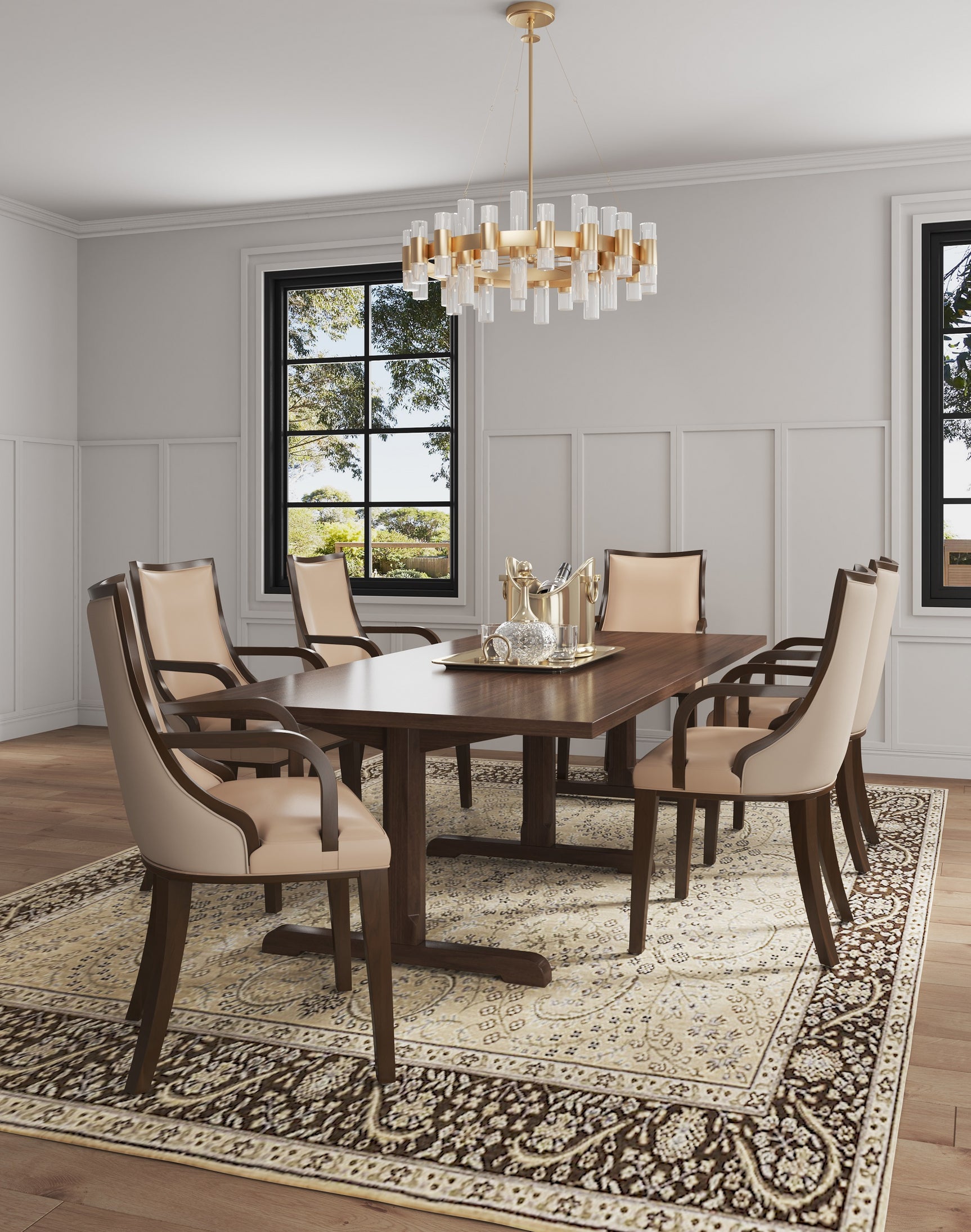 Grand Faux Leather and Velvet Dining Armchair in Tan (set of 2) - Ornate Home