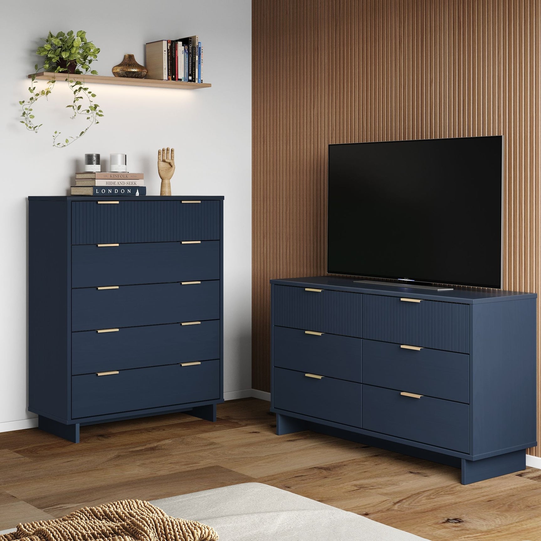 Granville 2-Piece Tall Chest and Double Dresser Set in Midnight Blue - Ornate Home