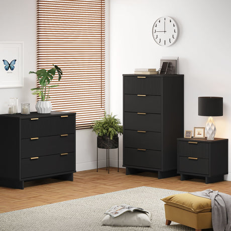 Granville 3-Piece Standard Dresser, Tall Narrow Chest and Nightstand Set in Black - Ornate Home