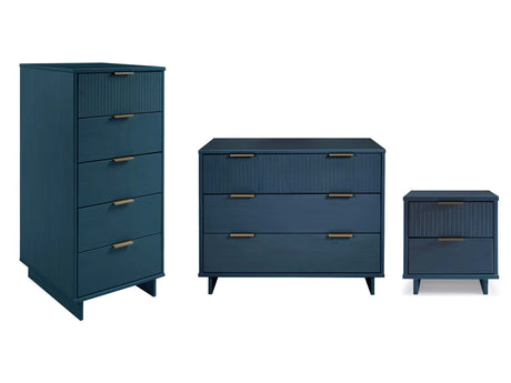 Granville 3-Piece Standard Dresser, Tall Narrow Chest and Nightstand Set in Midnight Blue - Ornate Home