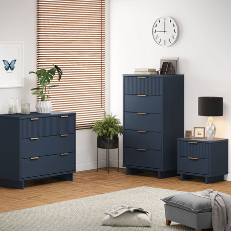Granville 3-Piece Standard Dresser, Tall Narrow Chest and Nightstand Set in Midnight Blue - Ornate Home