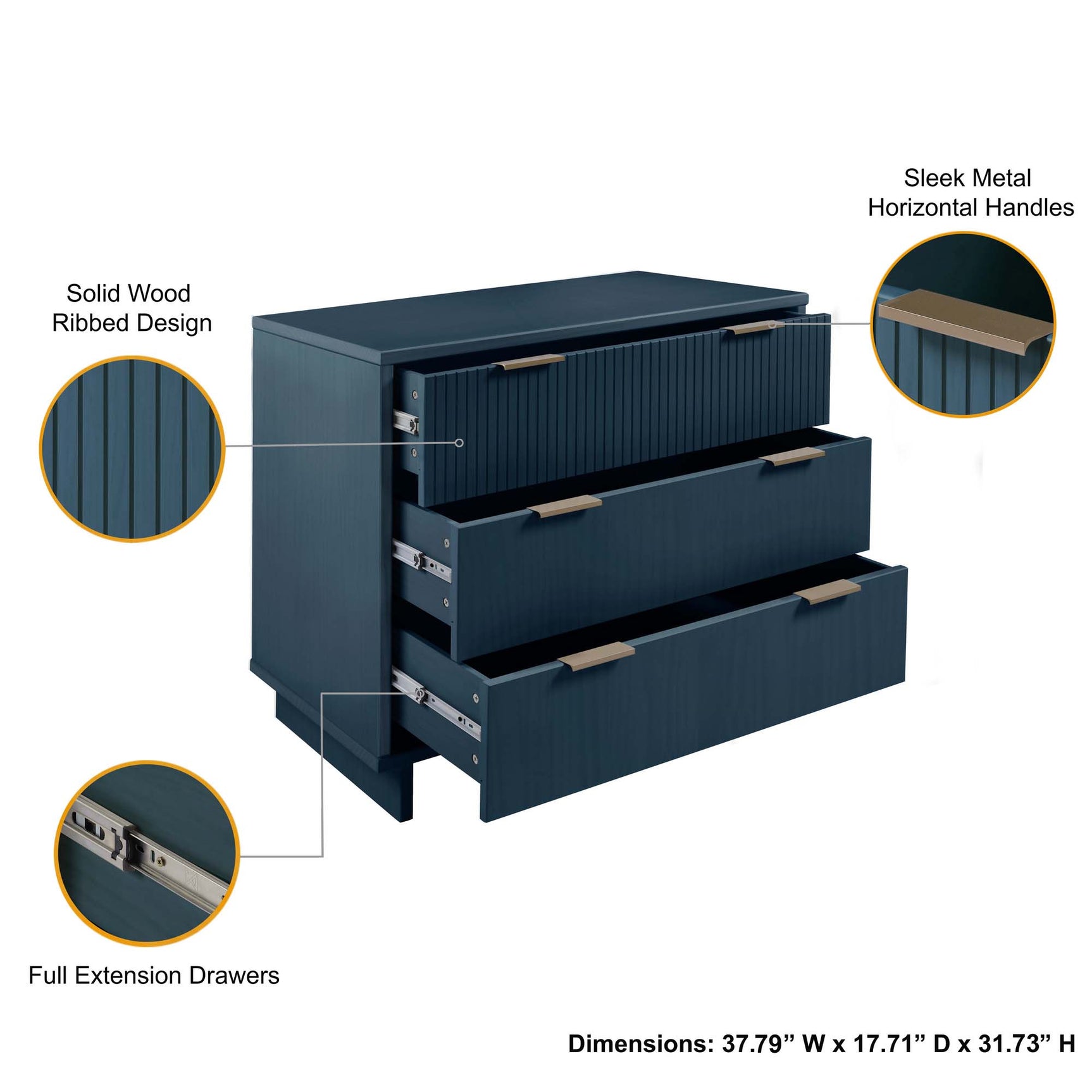 Granville 3-Piece Standard Dresser, Tall Narrow Chest and Nightstand Set in Midnight Blue - Ornate Home
