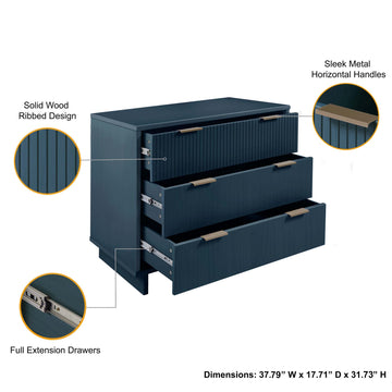 Granville 3-Piece Standard Dresser, Tall Narrow Chest and Nightstand Set in Midnight Blue - Ornate Home