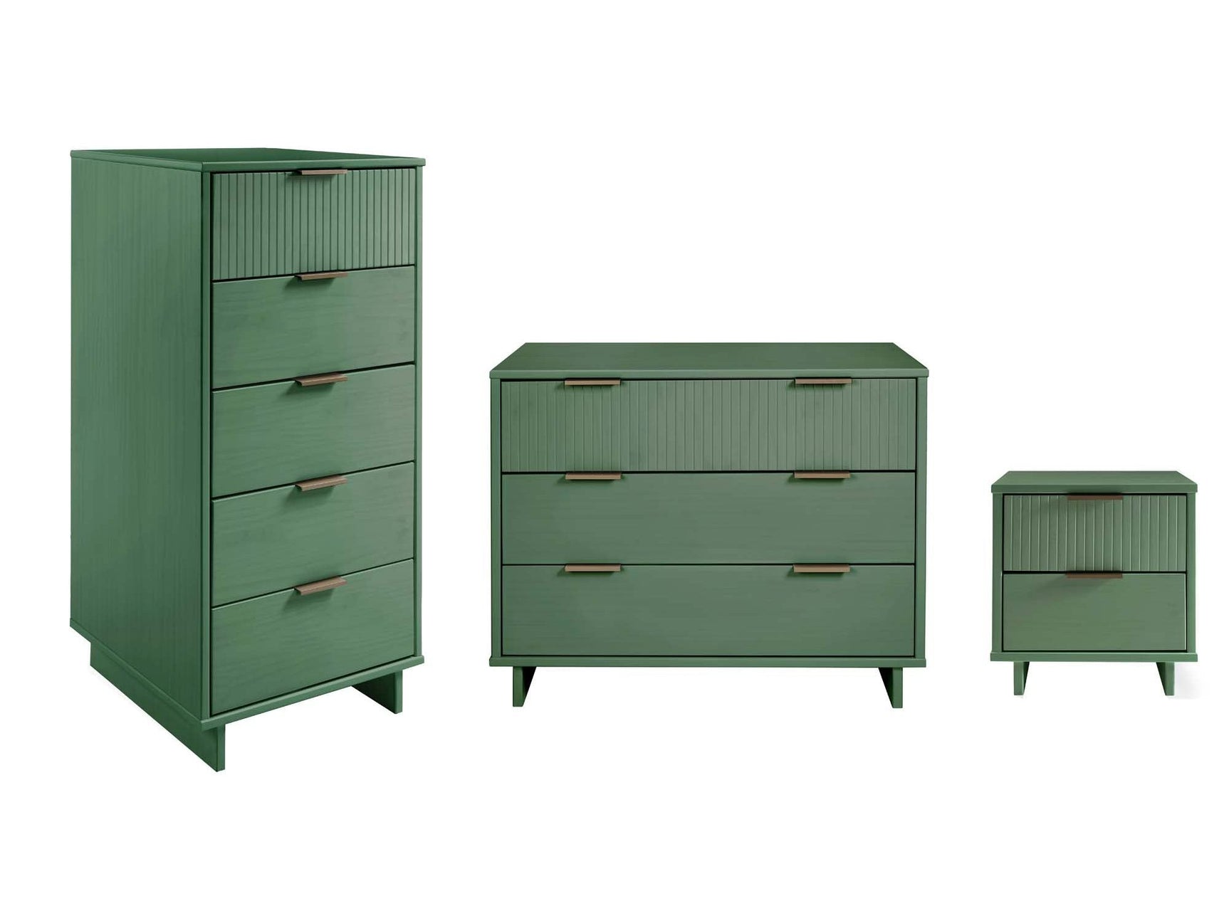 Granville 3-Piece Standard Dresser, Tall Narrow Chest and Nightstand Set in Sage Green - Ornate Home