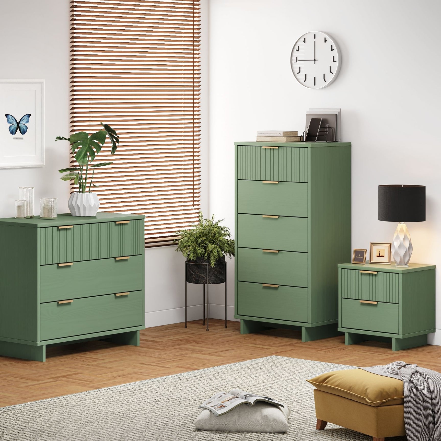 Granville 3-Piece Standard Dresser, Tall Narrow Chest and Nightstand Set in Sage Green - Ornate Home