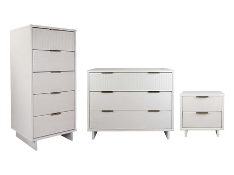 Granville 3-Piece Standard Dresser, Tall Narrow Chest and Nightstand Set in White - Ornate Home