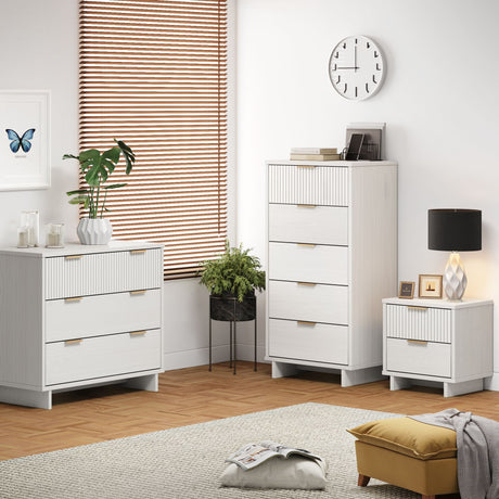 Granville 3-Piece Standard Dresser, Tall Narrow Chest and Nightstand Set in White - Ornate Home