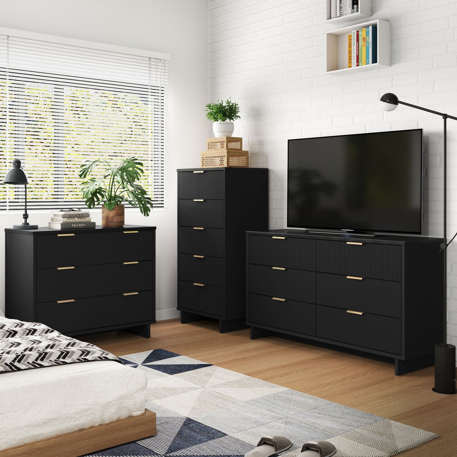 Granville 3-Piece Tall Narrow Chest, Double Dresser Set and Standard Dresser Set in Black - Ornate Home