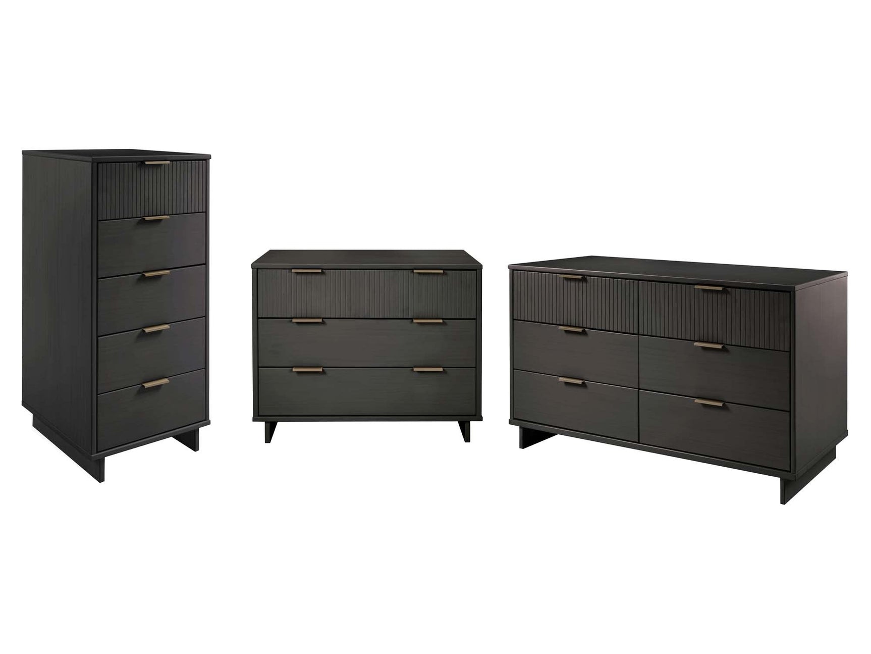 Granville 3-Piece Tall Narrow Chest, Double Dresser Set and Standard Dresser Set in Dark Grey - Ornate Home