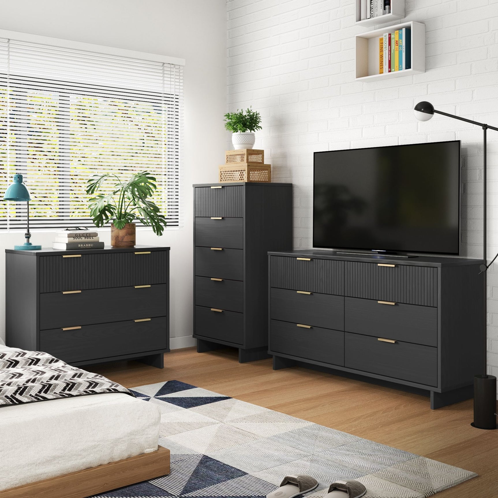 Granville 3-Piece Tall Narrow Chest, Double Dresser Set and Standard Dresser Set in Dark Grey - Ornate Home