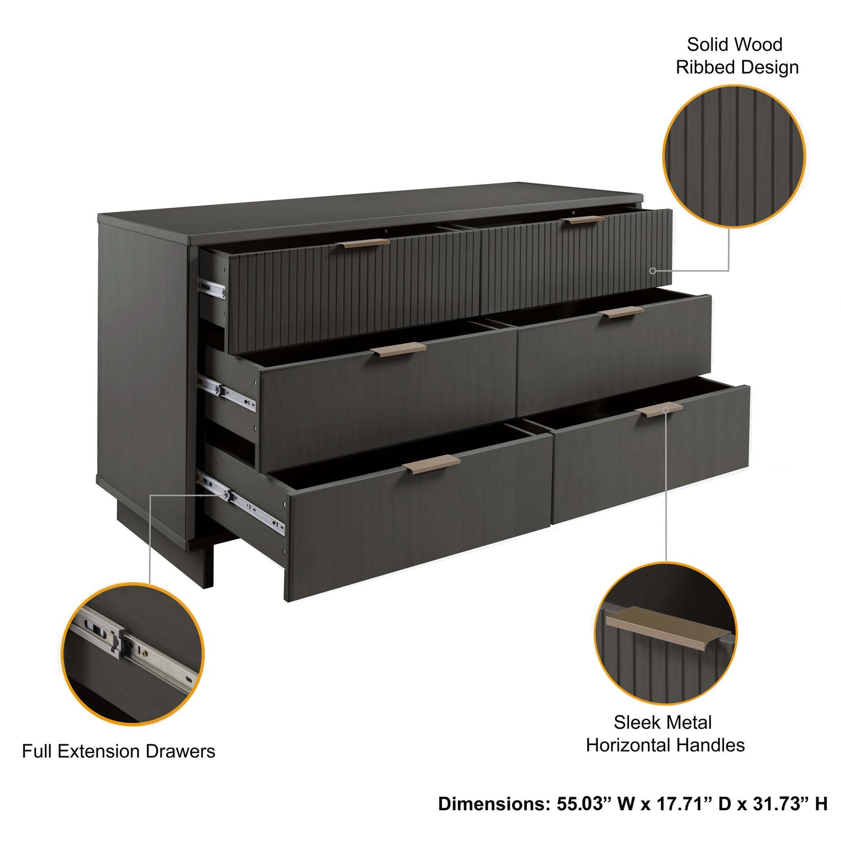 Granville 3-Piece Tall Narrow Chest, Double Dresser Set and Standard Dresser Set in Dark Grey - Ornate Home