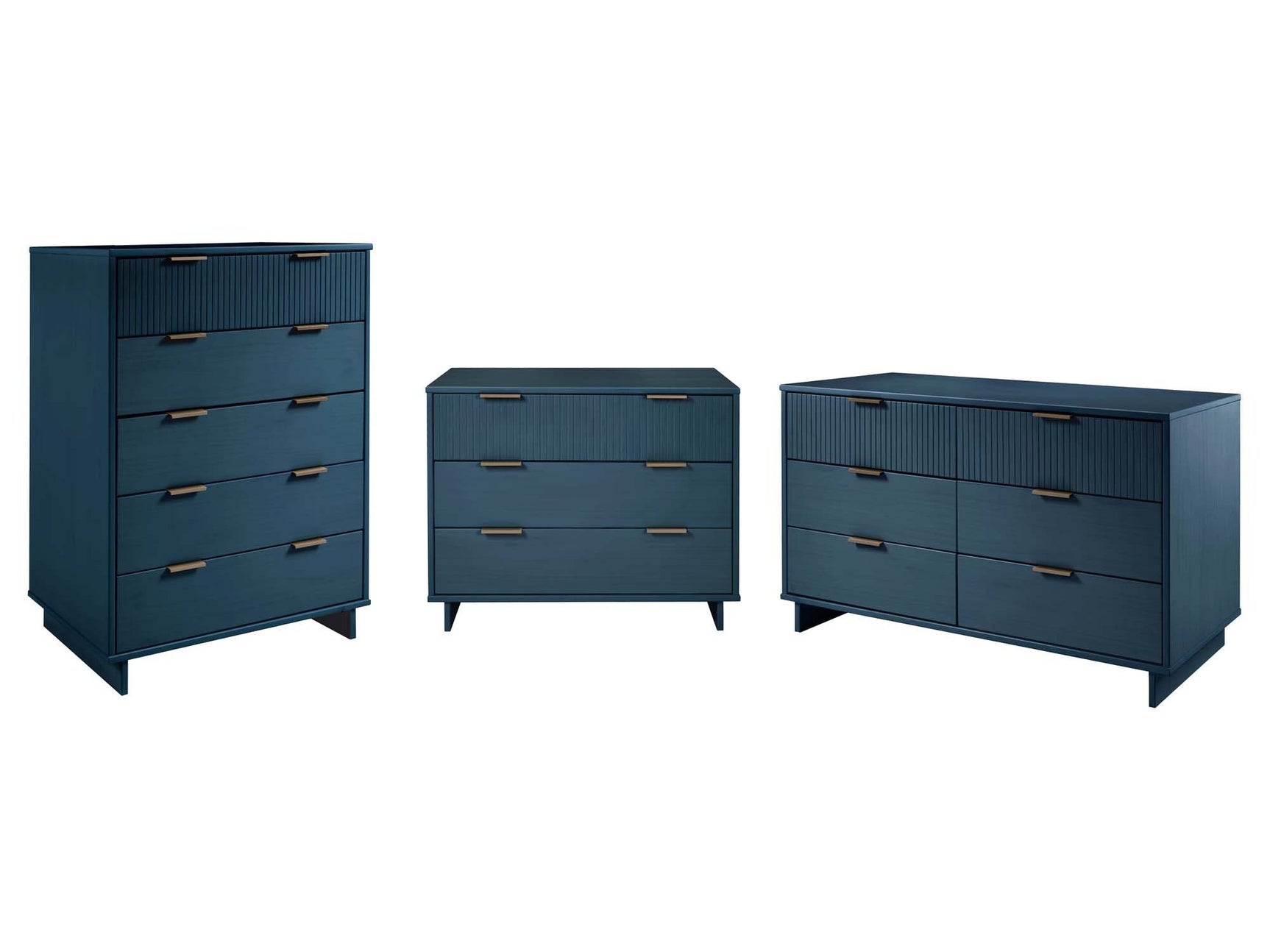Granville 3-Piece Tall Narrow Chest, Double Dresser Set and Standard Dresser Set in Midnight Blue - Ornate Home