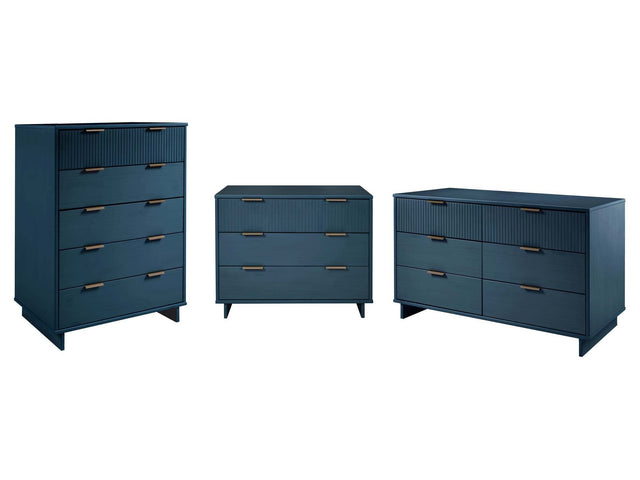 Granville 3-Piece Tall Narrow Chest, Double Dresser Set and Standard Dresser Set in Midnight Blue - Ornate Home