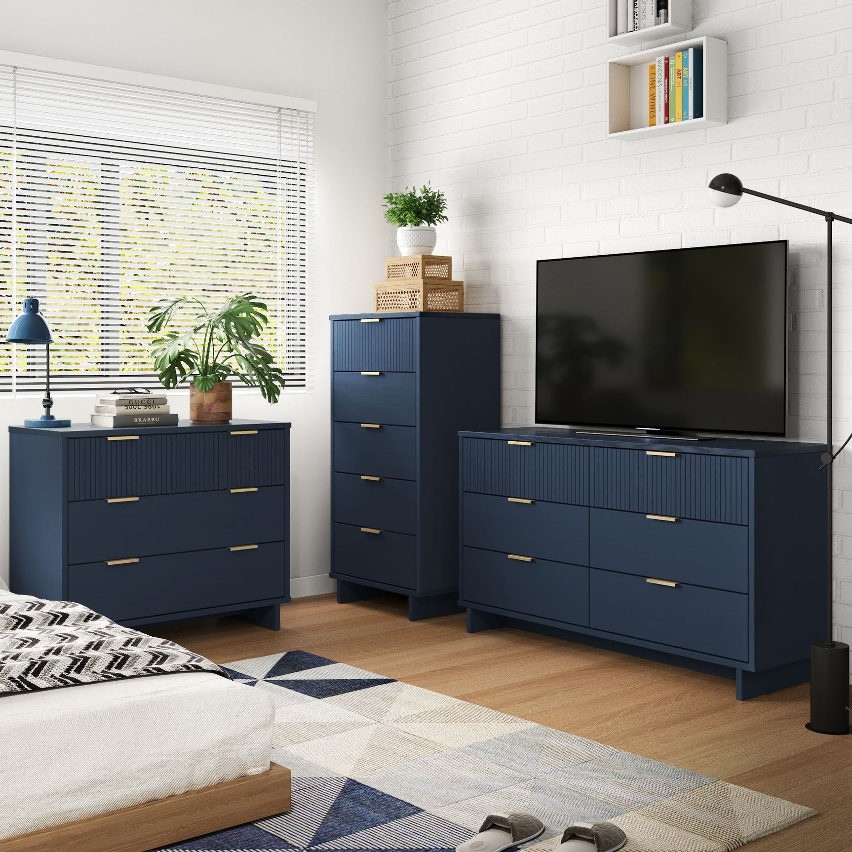 Granville 3-Piece Tall Narrow Chest, Double Dresser Set and Standard Dresser Set in Midnight Blue - Ornate Home