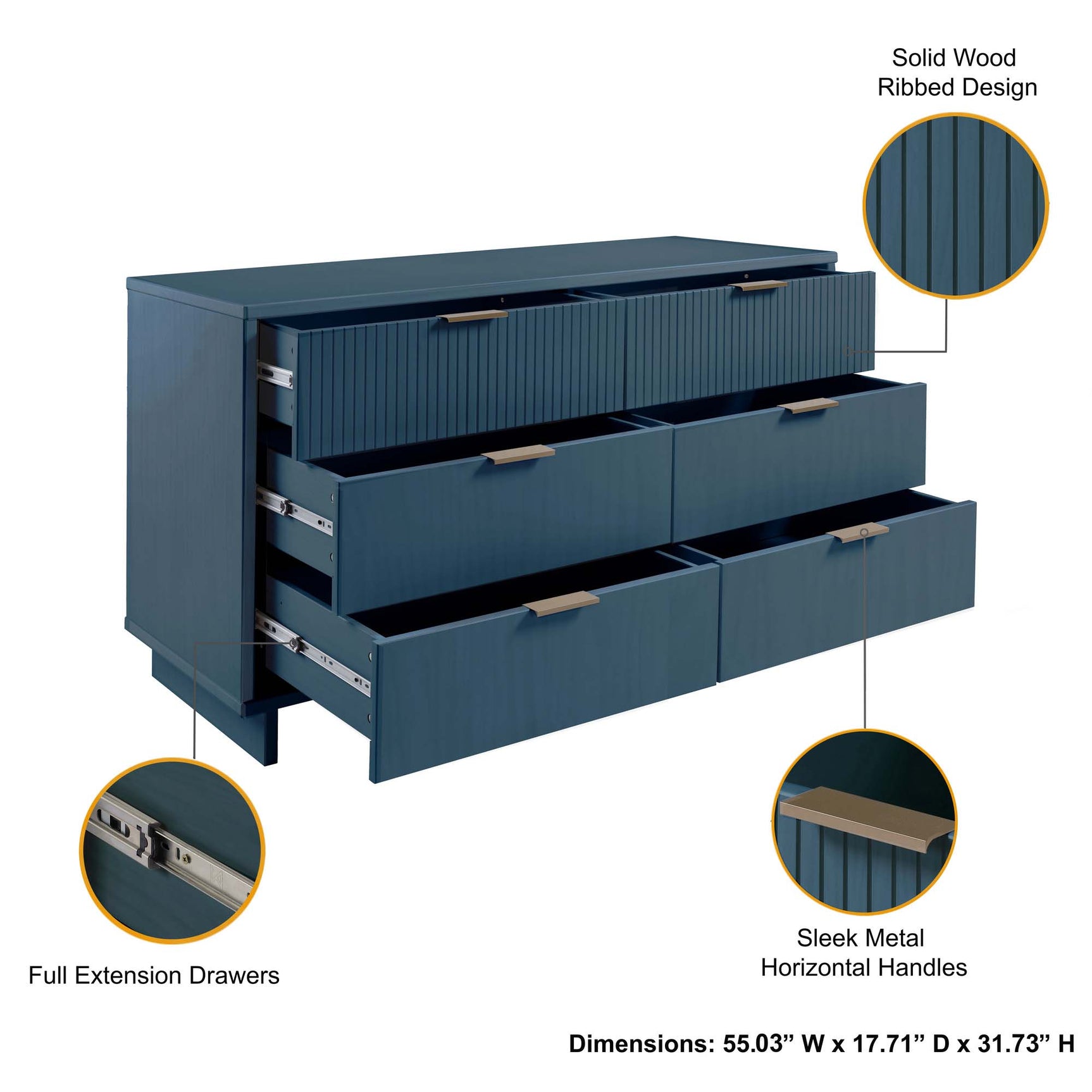 Granville 3-Piece Tall Narrow Chest, Double Dresser Set and Standard Dresser Set in Midnight Blue - Ornate Home