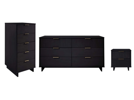 Granville 3-Piece Tall Narrow Chest, Double Dresser and Nightstand Set in Black - Ornate Home