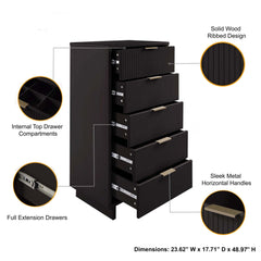 Granville 3-Piece Tall Narrow Chest, Double Dresser and Nightstand Set in Black - Ornate Home