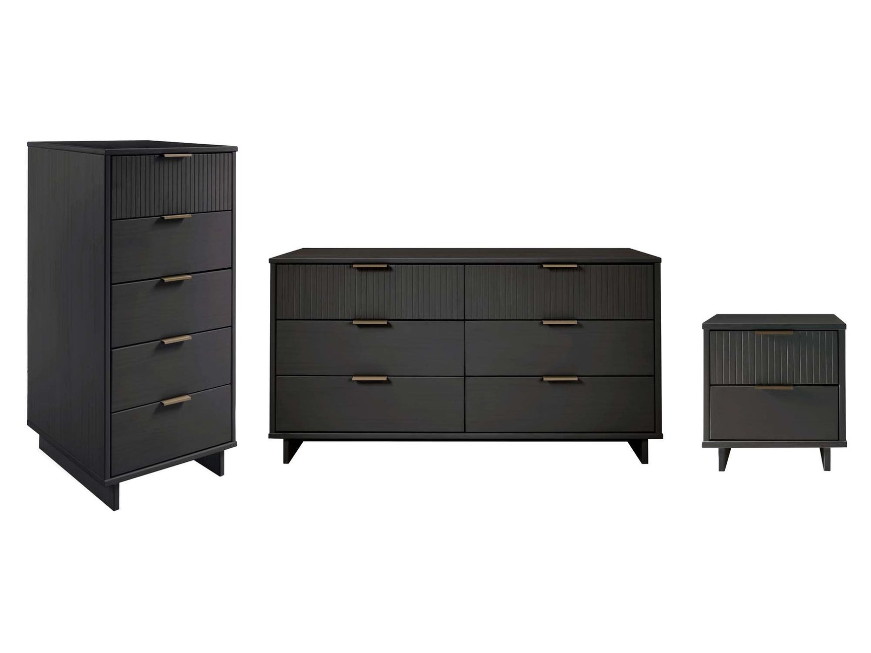 Granville 3-Piece Tall Narrow Chest, Double Dresser and Nightstand Set in Dark Grey - Ornate Home