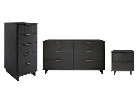 Granville 3-Piece Tall Narrow Chest, Double Dresser and Nightstand Set in Dark Grey - Ornate Home