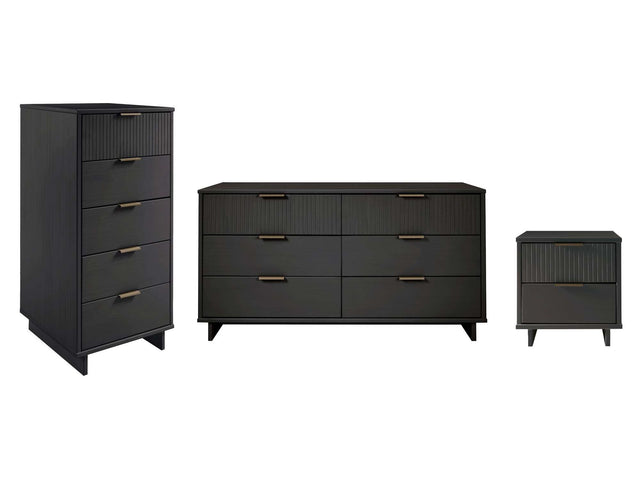 Granville 3-Piece Tall Narrow Chest, Double Dresser and Nightstand Set in Dark Grey - Ornate Home