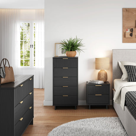 Granville 3-Piece Tall Narrow Chest, Double Dresser and Nightstand Set in Dark Grey - Ornate Home