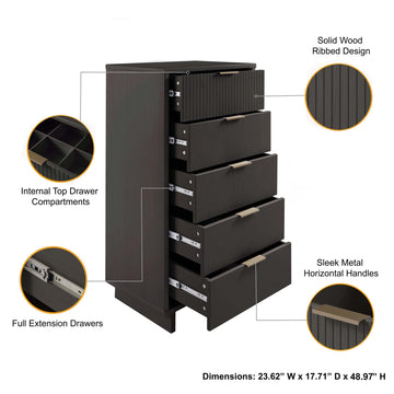 Granville 3-Piece Tall Narrow Chest, Double Dresser and Nightstand Set in Dark Grey - Ornate Home