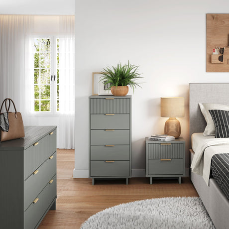 Granville 3-Piece Tall Narrow Chest, Double Dresser and Nightstand Set in Light Grey - Ornate Home