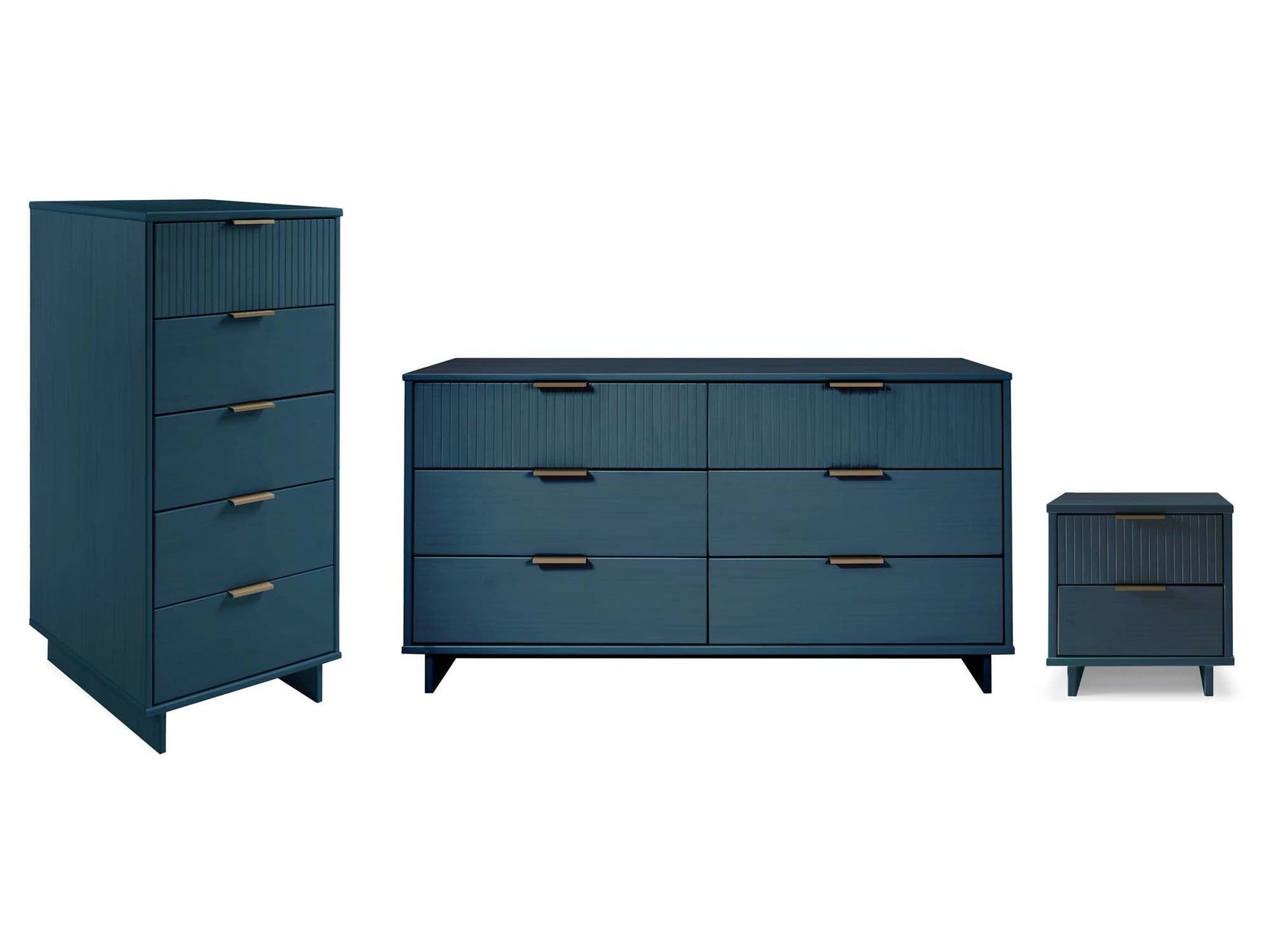 Granville 3-Piece Tall Narrow Chest, Double Dresser and Nightstand Set in Midnight Blue - Ornate Home