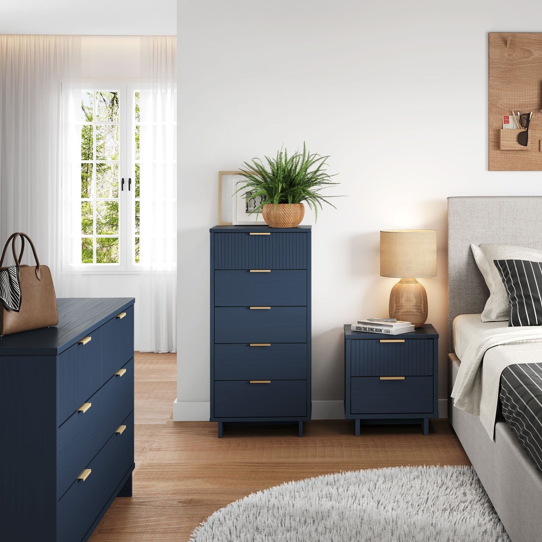 Granville 3-Piece Tall Narrow Chest, Double Dresser and Nightstand Set in Midnight Blue - Ornate Home