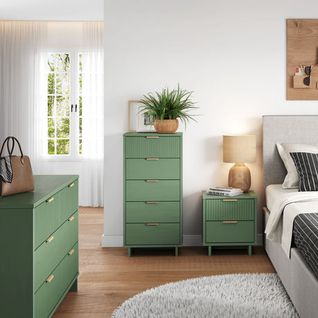 Granville 3-Piece Tall Narrow Chest, Double Dresser and Nightstand Set in Sage Green - Ornate Home