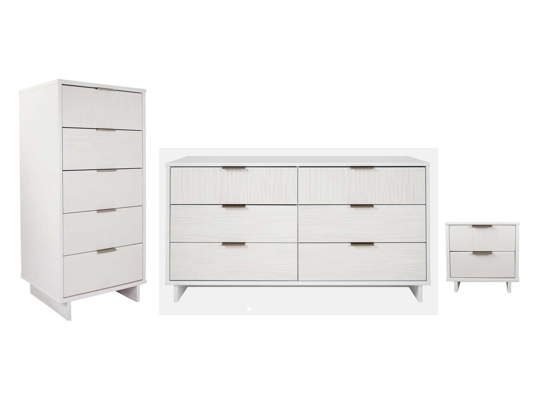 Granville 3-Piece Tall Narrow Chest, Double Dresser and Nightstand Set in White - Ornate Home