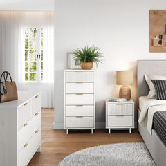 Granville 3-Piece Tall Narrow Chest, Double Dresser and Nightstand Set in White - Ornate Home
