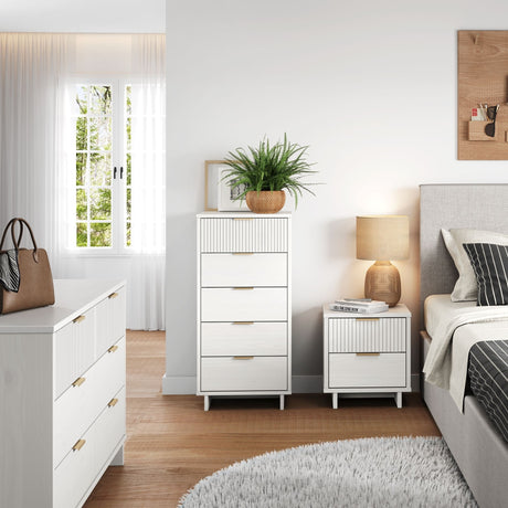 Granville 3-Piece Tall Narrow Chest, Double Dresser and Nightstand Set in White - Ornate Home