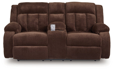 Greely Bend Chocolate-Power Reclining Loveseat with Console - Ornate Home