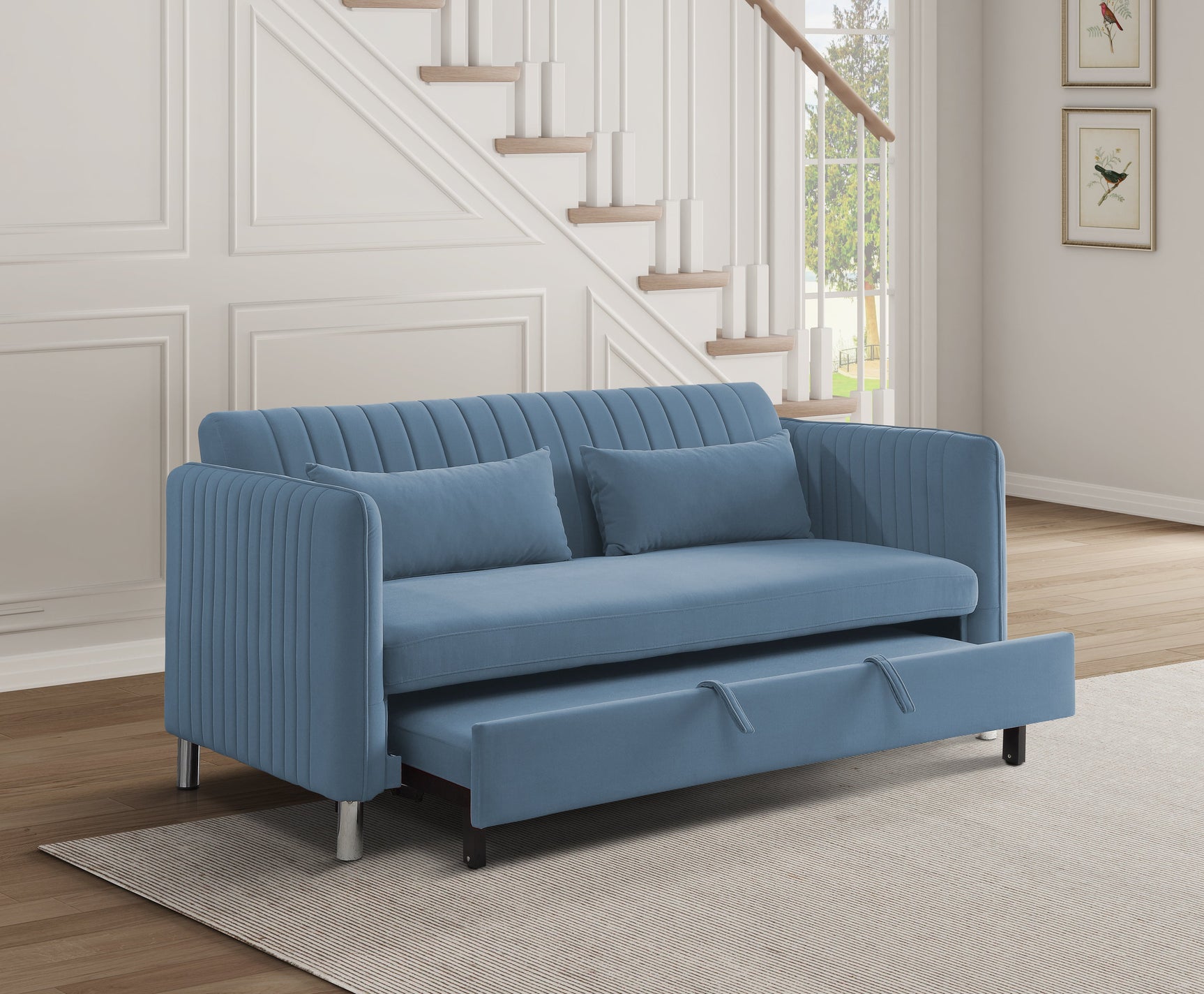 Greenway Blue Convertible Studio Sofa with Pull-Out Bed - Ornate Home