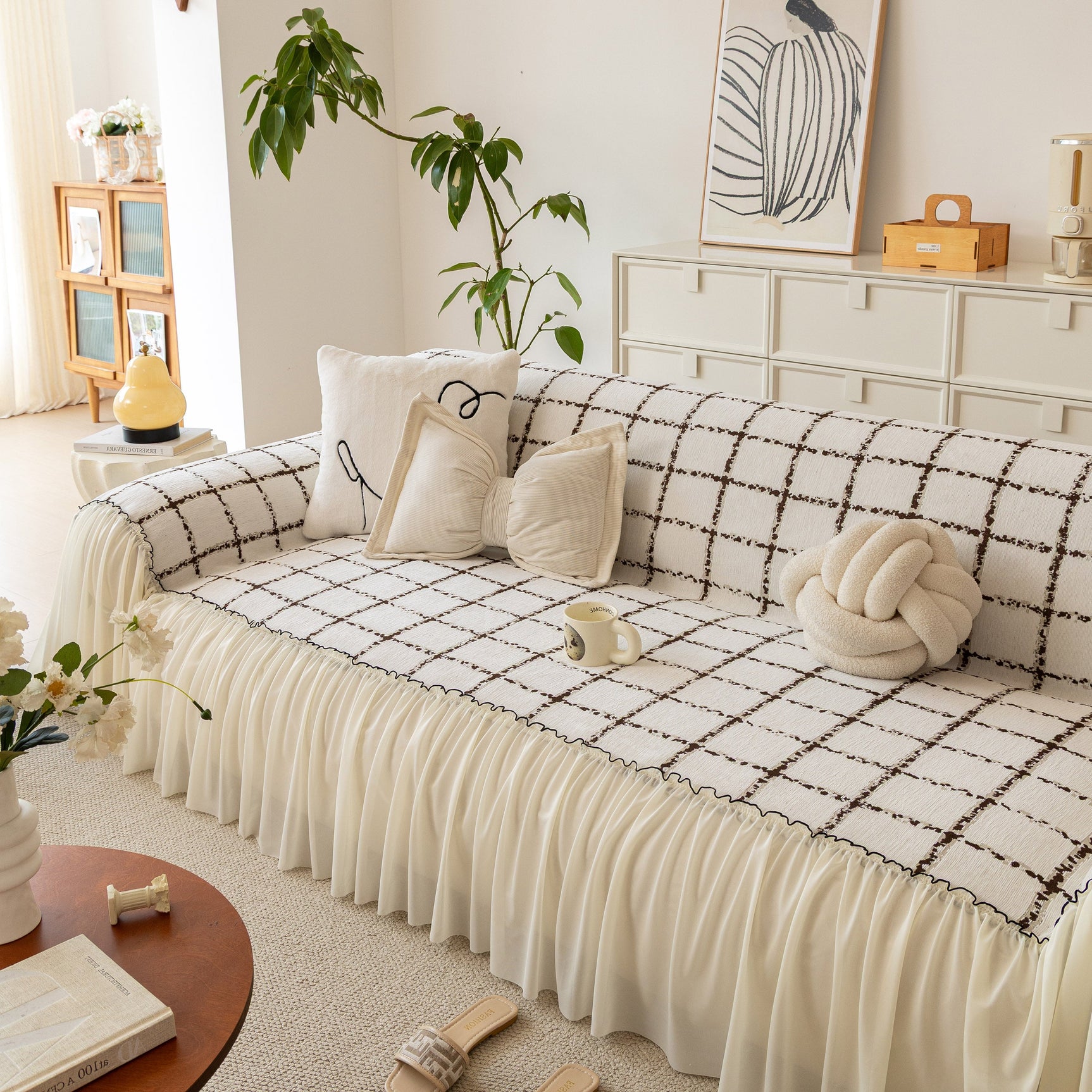 Grid Sofa Cover with Ruffle Skirt – Soft, Decorative, Full-Cover Couch Protector - Ornate Home