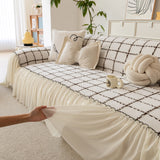Grid Sofa Cover with Ruffle Skirt – Soft, Decorative, Full-Cover Couch Protector - Ornate Home