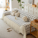 Grid Sofa Cover with Ruffle Skirt – Soft, Decorative, Full-Cover Couch Protector - Ornate Home